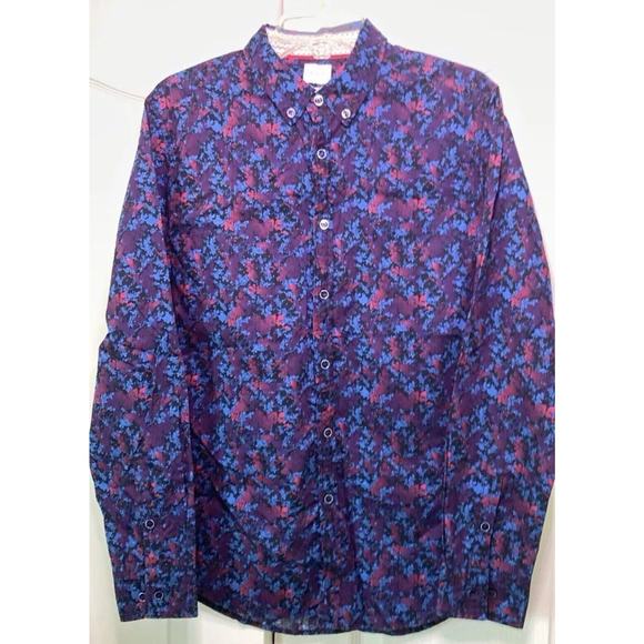 JB Holt Button Down Shirt L Blue Purple Pink Rose Dark Floral Flip Cuff Tailored - Picture 4 of 14